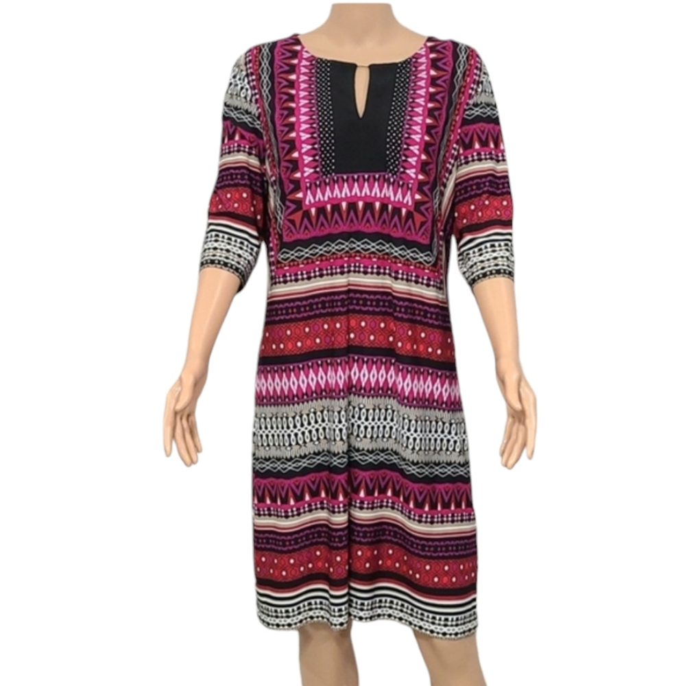 Sandra Darren Aztec Pattern 3/4 Sleeve Boho Tunic Shift Dress Red/Black Size 14
